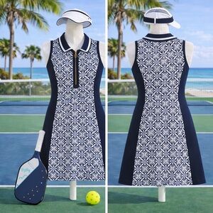 Spartina 449 Freya Zip Golf Tennis Pickleball Dress Navy Geo Print Size L